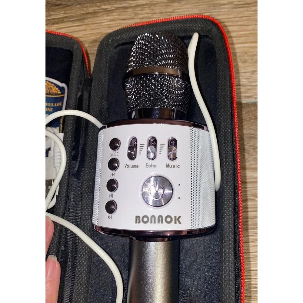 Bonaok Wireless Bluetooth Karaoke Microphone Black and White with Case